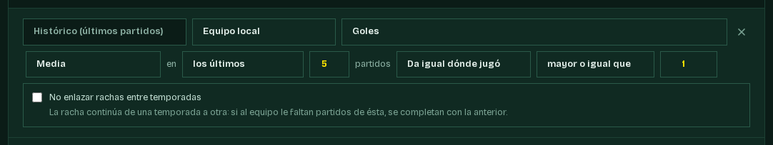 Una fila de condición con todos sus selectores