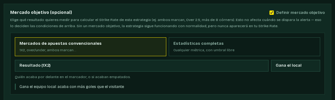 Sección del mercado objetivo con sus dos pestañas
