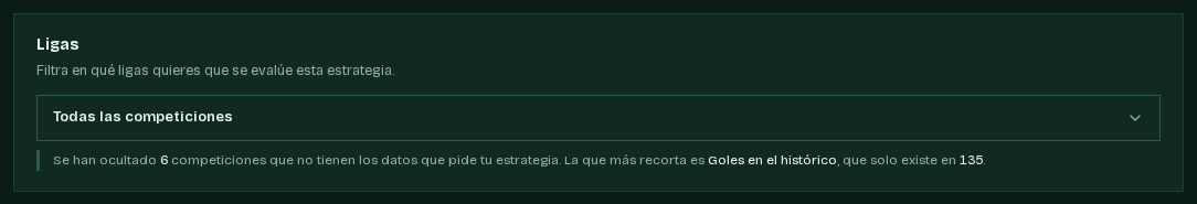 Selector de competiciones con el aviso de las que se ocultan por falta de datos