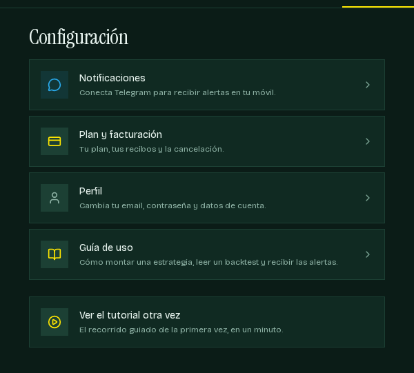 Pantalla de configuración con sus apartados