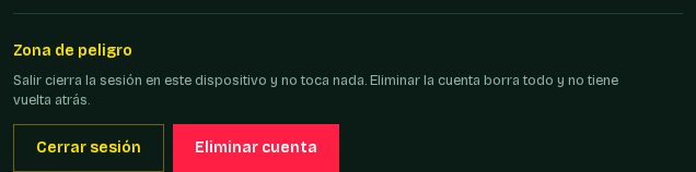Zona de peligro del perfil, con cerrar sesión y eliminar cuenta