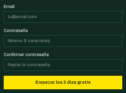 Formulario de registro con correo, contraseña y confirmación