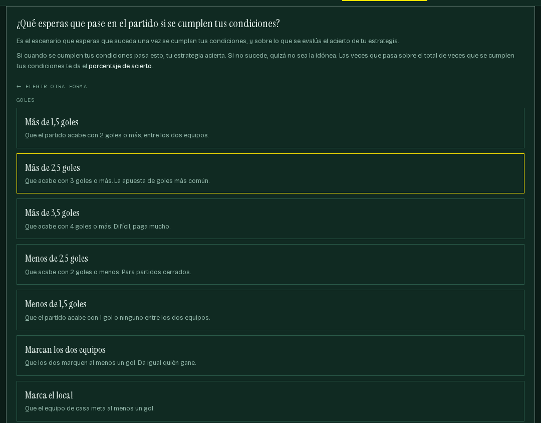 Lista de mercados convencionales agrupados por goles, resultado, córners y tarjetas