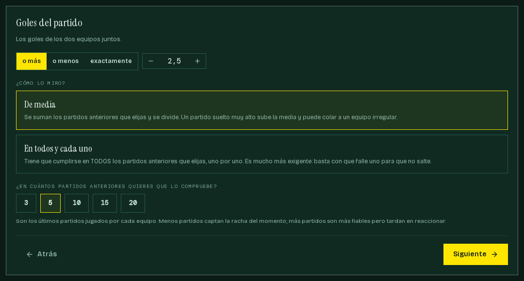 Paso de los números: umbral, media o todos, y ventana de partidos